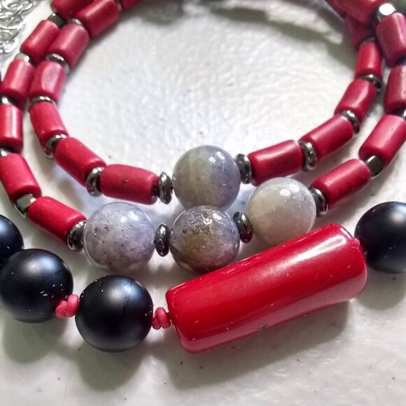 Red & Black Power Bracelet! Professional Wardrobe! Coral Hematite + Stone Beads - Picture 13 of 13